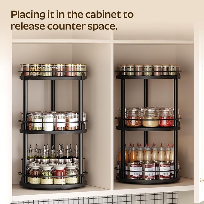 3-Tier Lazy Susan Organizer, Rotating Spice Rack, Spinning Organizer, Industrial Turntable Spice Rack Organizer for Cabinet, Kitchen Countertop, Pantry, Black SR23BK