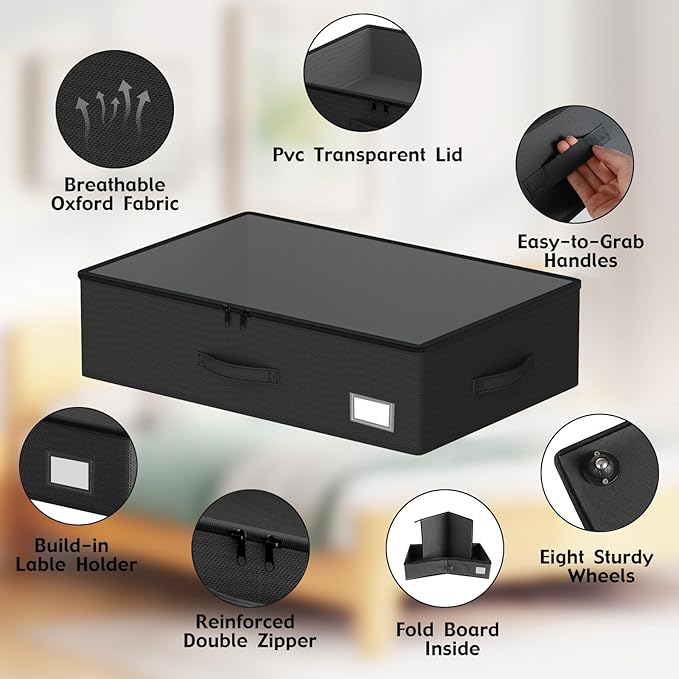 Underbed Storage Bins with Wheels, No Assembly Required - 7.5 inch height Black Large Capacity Rolling Underbed Containers for Shoes, Dorm under bed storage drawers