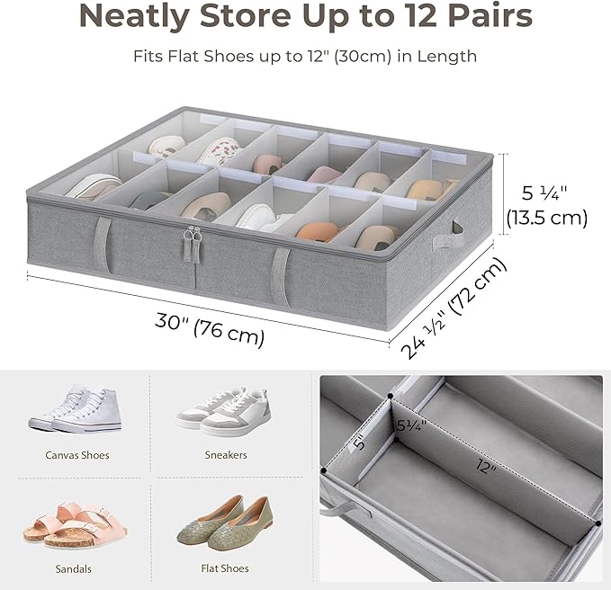 StorageWorks Under Bed Shoe Storage Organizer, Underbed Shoes Container with Adjustable Dividers, Shoe Storage Basket with Cover, Grey, 2-Pack, Space-Saving Shoe Box Fits up to 24 Pairs