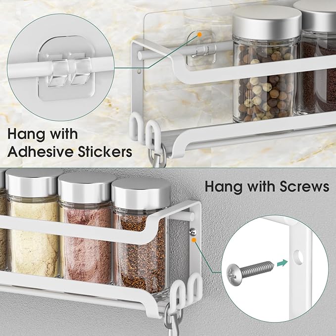 LUCYCAZ 2 Pack Wall Mounted Spice Rack with 16 Hooks, Spice Organizer Shelf for Stove Cabinet Pantry Door,Screw or Adhesive Spice Shelf Hanging Wall Spice Rack in Kitchen and RV (White, 2 PACK)
