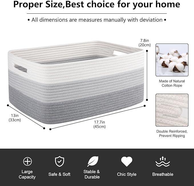 Large Storage Basket for Organizing, Woven Rope Basket for Shelves, Closet Organizer Bins for Clothes, Blanket, Toys, Baby Nursery Storage, 17.7" x 13" x 7.87", 2 Packs Gradient Grey