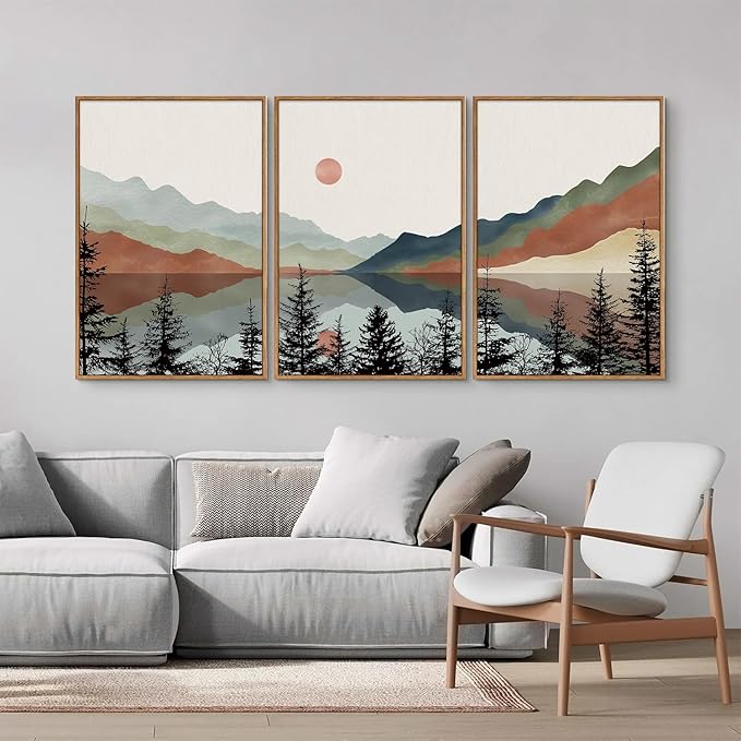 Tinonedraw Boho Mountain Framed Canvas Wall Art Set, Watercolor Nature Landscape Wall Decor, Black Pine Forest Artwork, Modern Sunrise Art Prints for Living Room, Bedroom, Office 16"x24"x3