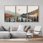 Tinonedraw Boho Mountain Framed Canvas Wall Art Set, Watercolor Nature Landscape Wall Decor, Black Pine Trees Forest Artwork, Neutral Modern Sunrise Art Prints for Living Room Bedroom Office 24"x36"x3