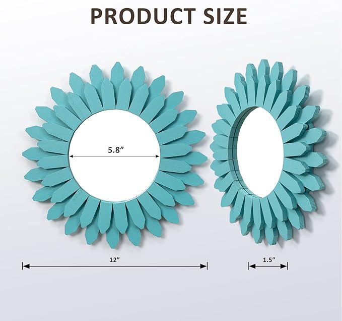 Honiway Beach Wall Decor Mirror 12 inch Wood Coastal Wall Decor Sunburst Boho Home Decor Room Decor for Bedroom Living Room Bathroom Cyan
