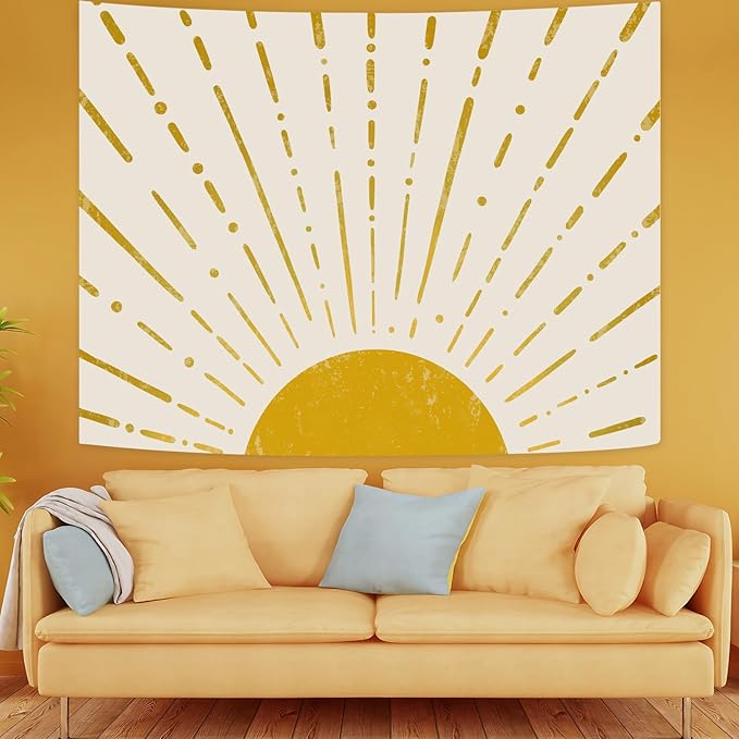 Kanuyee Gold Boho Burning Sun Tapestry Wall Hanging, Retro 70s Abstract Vintage Geometric Line Sunrise Tapestries for Bedroom Living Room Backdrop 60×80 inch