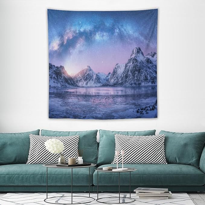 HZOHNAGO Mountain Tapestry Aurora Snow Mountain Sunset Pattern Printed Wall Tapestry Wall Hanging for Bedroom Living Room Dorm 60" W x 60" H
