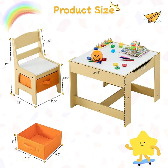 Kids Table and Chair Set, 3 in 1 Wooden Activity Table with Detachable Tabletop, Toddler Table and Chair Set with Storage Drawer, Kids Play Table for Children Art, Craft, Eating, Learning