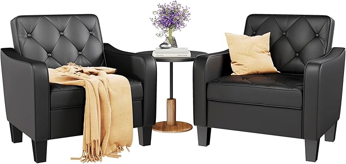 STHOUYN Living Room Chairs Black Leather Accent Chairs Set of 2, Waiting Room Arm Chairs, Reading Chairs for Bedroom Comfy Club Chair Tufted, Office Small Space (2, Black)