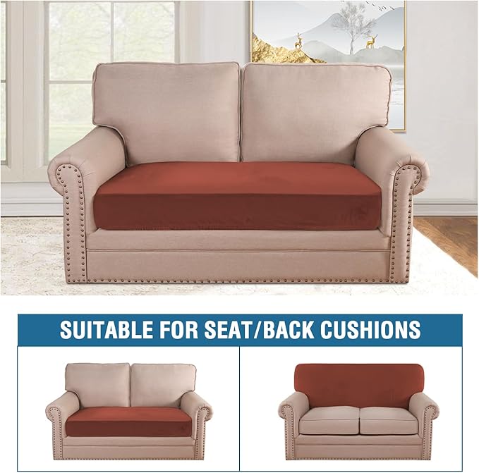 H.VERSAILTEX Velvet Stretch Individual Couch Cushion Cover Plush Slipcover for Loveseat Sofa Furniture Protector Seat Cover (1 Piece Loveseat Cushion Cover, Rust)