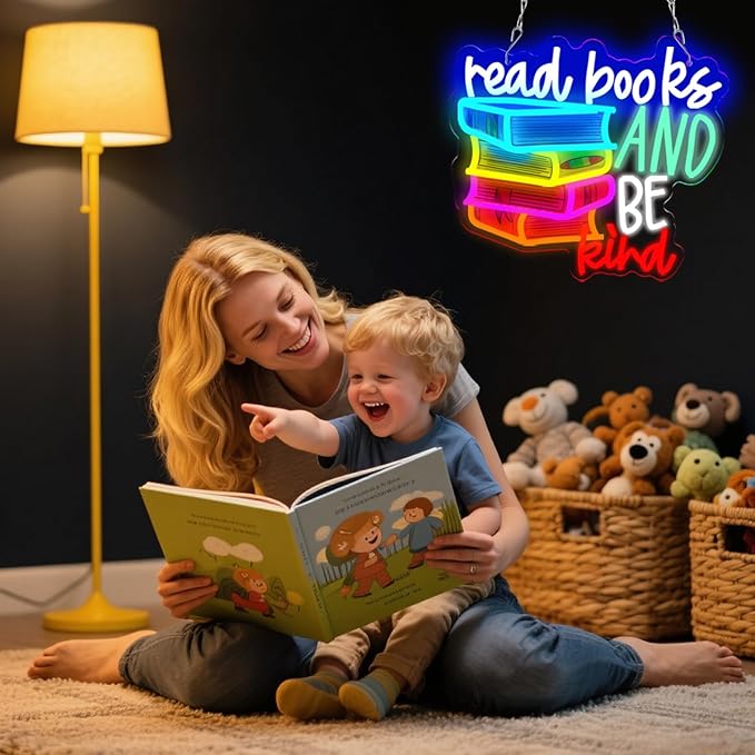 LED Read Books Be Kind Neon Signs Classroom Neon Lights Wall Decor for Reading Room, Classroom, Bookstore, Library, Museum, Study Room Gifts Art for Book Lover, Kids,Friends,family-13.4 x 12.6 IN-USB Powered-Acrylic