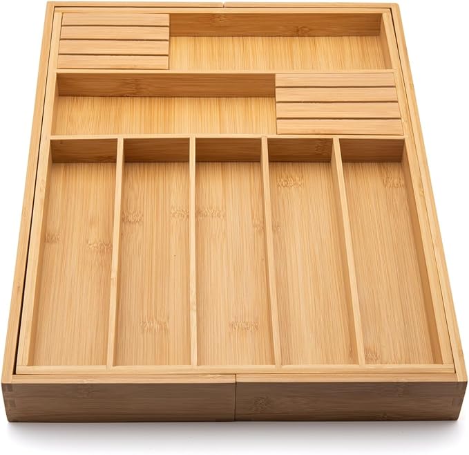 Bamboo Drawer Organizer with Knife Blocks - Silverware Organizer & Utensil Drawer Organizer, Cutlery Tray with Dividers, 7-9 Slots- Premium Kitchen Organizer for Utensils & Flatware (Natural)