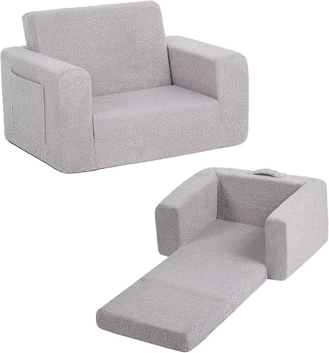 Welnow 2-in-1 Kids Sofa Chair, Convertible Toddler Chair Flip Out Children Sofa Chair Folding Kids Play Sofa with Side Pockets & Removable Cover Armrest Chair for Girl or Boy