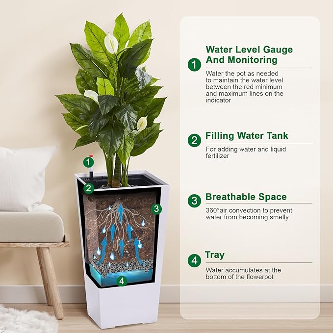22.5" Tall Planters Set of 2, Outdoor＆Indoor Black Planter Pots, High Front Porch Planter Pots with Drainage Holes＆Water Level Monitor＆Inner Bucket, Automatic Watering, White