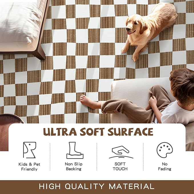 jinchan 4x6 Brown Checkered Area Rugs for Kids Room - Machine Washable Rug Modern Neutral Geometric Lattice Soft Non-Slip Carpet for Nursery Playroom Bedroom Entryway Living Room Home Office