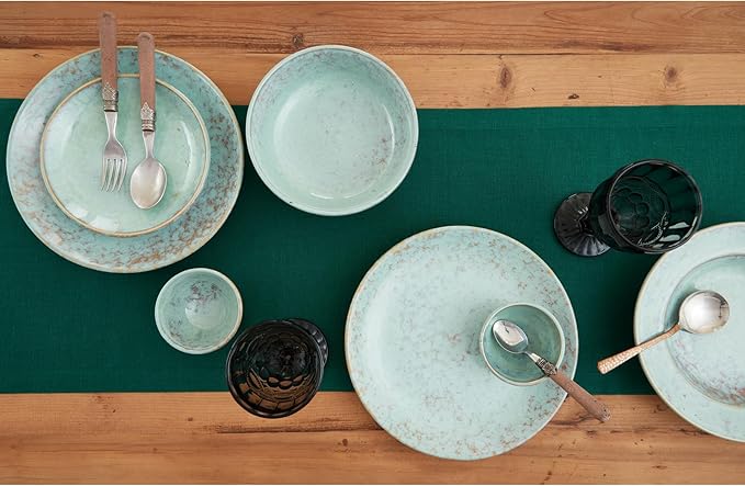 Solino Home Linen Table Runner 90 Inches Long - 100% Pure Linen Rainforest Green Dining Table Runner 14 x 90 Inch for Fall, Autumn, Thanksgiving - Fete