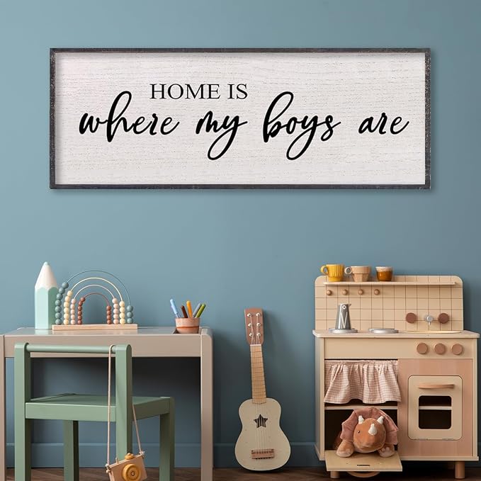 Home Is Where My Boys Are Wall Decor 32"×12" mom and her boys Sign for boys room Playroom Large Wood Framed Wall Hanging Art (Black)