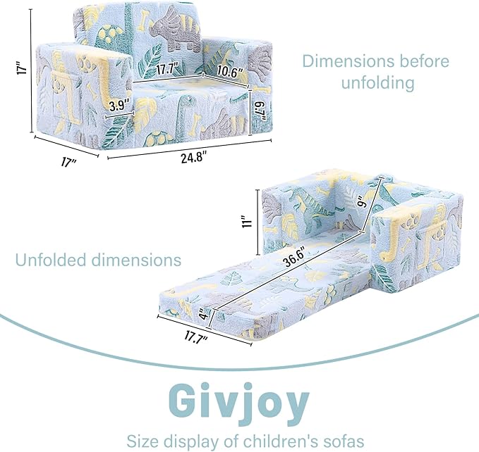 Toddler Chair Kids Couch, 2-in-1 Toddler Soft Sherpa Couch Fold Out Armchair Glow in The Dark with Removable Cover, Convertible Reading Chair Sofa for Kids, Plush Green Dinosaur