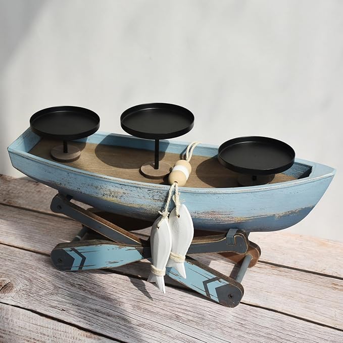 Nautical Votive Candle Holder, Ocean Themed Farmhouse Boat Candle - Marine Beach Style Handmade Decor for Home, Office, Housewarming Gifts