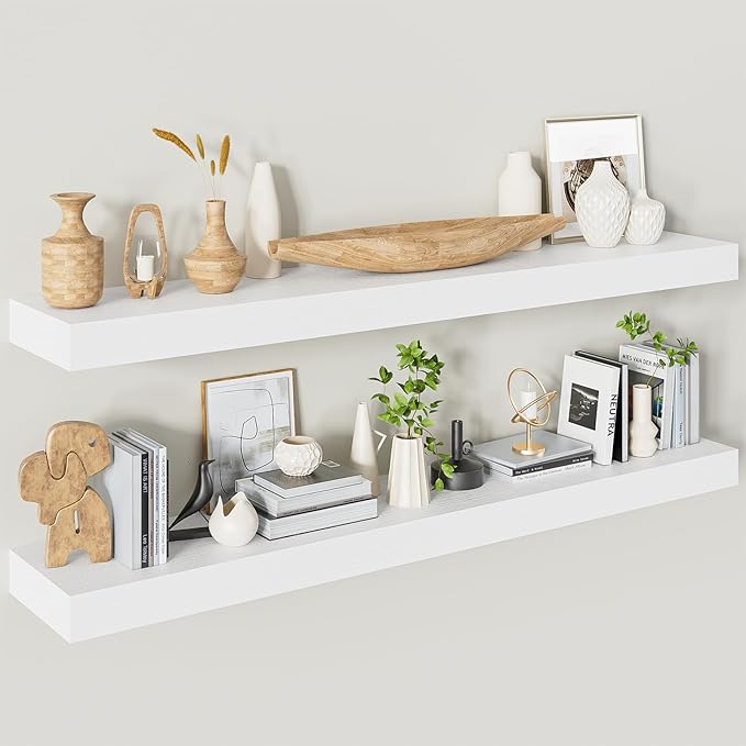 Heimlove Floating Shelves for Wall 48 Inches Long,9.3" Deep White Floating Shelf Set of 2,Wall Mounted Shelves for Bathroom Bedroom Living Room Kitchen Office,Shelf for Books Storage Room Decor