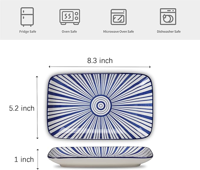 Selamica Ceramic Rectangular Salad Plates Set of 4, Small Serving Plates for Appetizers, Sushi, Fruit, Assorted Colors