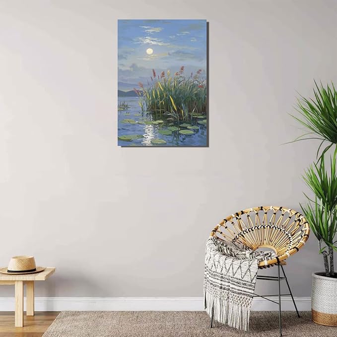 Landscape poster artwork art poster natural landscape painting reed marsh under the moonlight suitable for living room bedroom home wall