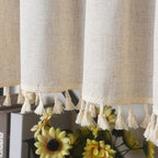 Sutuo Home Boho Sheer Curtain Valance Tier Cotton Linen with Bohemian Handmade Tassels, Short French Farmhouse Window Treatment for Kitchen Cafe, Rod Pocket, 1 Panel 59" W x 24" L, Natural Textured