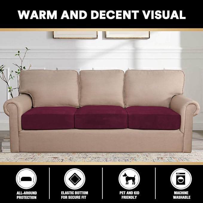 PrinceDeco Stretch Couch Cushion Covers Fitted Individual Seat Couch Slipcover Sets Velvet Fabric Soft Slip Cover for Chair Sofa Cushion Furniture Protector(Each Width Up to 29.5",Burgundy)