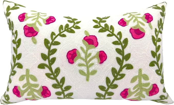 Alysheer Flower Embroidered Summer Decorative Lumbar Throw Pillow Cover 12"x 20", Farmhouse Cottage Hot Pink Floral Green Leaves Patterned Cotton Canvas Cushion Case for Sofa Couch Bed Living Room