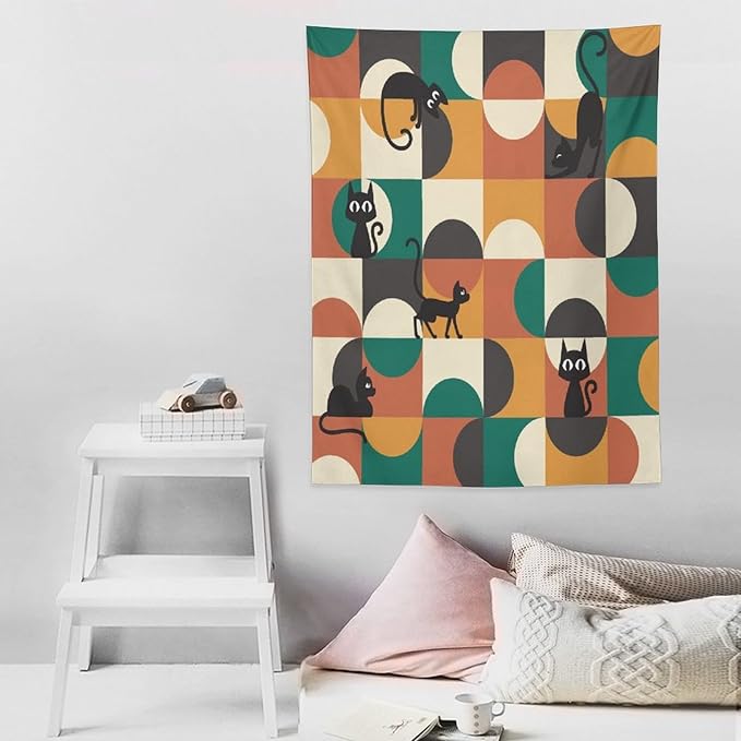 ICMOLYYENLO Boho Medieval Cat Tapestry, Abstract Atomic Starburst Geometric Aesthetic Art Wall Hanging For Bedroom Living Room Dormitory 60x80 Inches