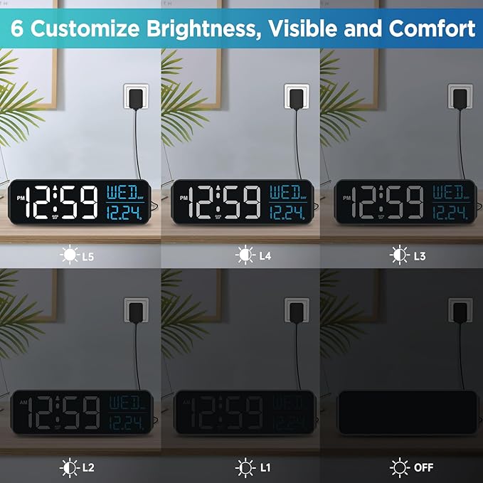 Peakeep Large Display Digital Alarm Clock for Bedrooms, Date Day of Week Calendar Desk Table Clocks for Living Room Office, Dimmable Plug in Electric Clock, 5 Volumes, Loud, Auto DST