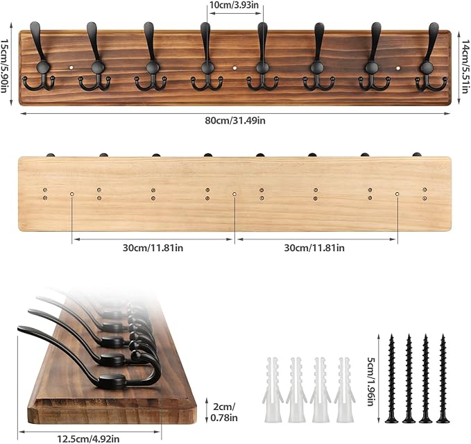 Coat Rack Wall Mount, Wooden Heavy Duty Coat Rack for Wall,8 Triple Coat Hanger Hooks for Hanging Coats,Jacket,Hat,Clothes (Brown, 8 Hooks)