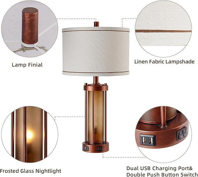 Set of 2 Farmhouse Table Lamps for Living Room, Rustic Bedside Lamps with 2 USB Charging Ports, Bedroom Nightstand Lamp with Amber Frosted Glass Nightlight, 4 Bulbs Includes