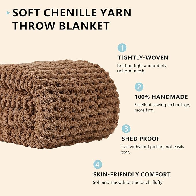 L'AGRATY Chunky Knit Blanket Throw: 80''x90'' Chenille Chunky Knitted Throw Blanket for Bed Couch - Handmade Thick Big Cable Knit Blanket - Large Chunky Crochet Rope Blanket for Home Decor(Brown)