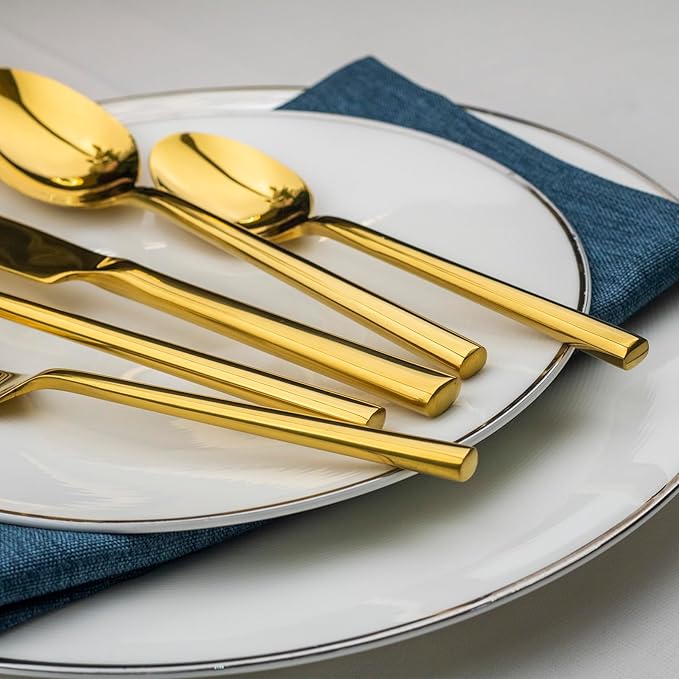 Alata Potter Gold 20-Piece Forged Silverware Set with Utensil-Serving Set, Service for 4, Stainless Steel Flatware Set, Modern Design with Mirror Finish, Ideal for Home, Kitchen, Party, Camping