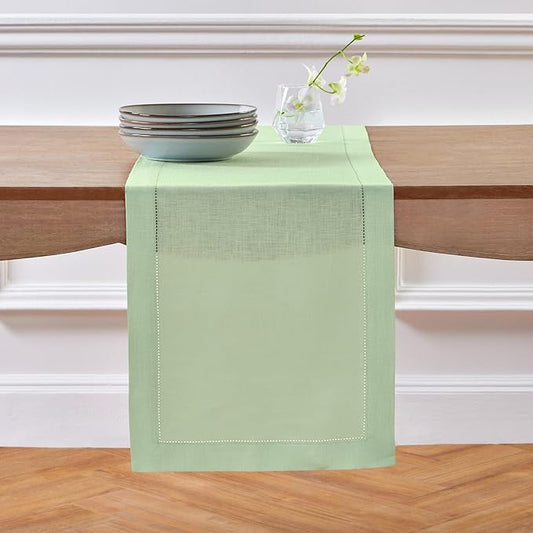 Solino Home Linen Light Green Hemstitch Table Runner 36 Inches - 100% Pure Linen Small Table Runner 14 x 36 Inch Ideal for Dresser and Coffee Tables - Classic Hemstitch