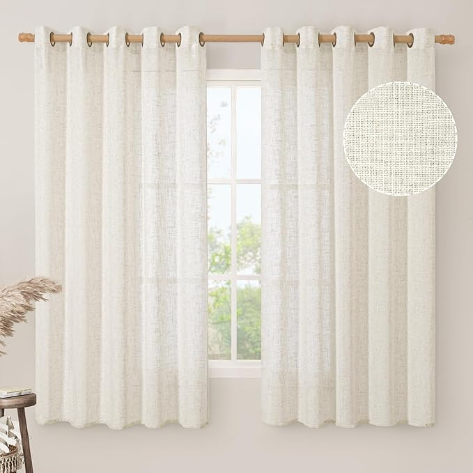 LAMIT Natural Linen Curtains 63 inch Length for Living Room, Boho Semi Sheer Light Filtering Window Textured Neutral Drapes with Bronze Grommet for Bedroom, 2 Panels Set, 60 x 63 Inch