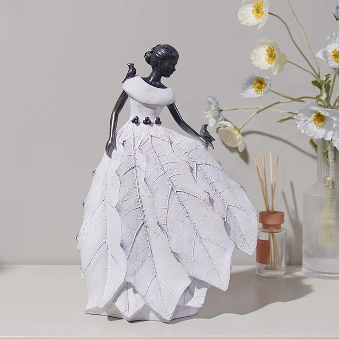 DiliComing Fairy Garden Accessories Outdoor Statue - Table Decor for Living Room Garden Maiden Bookshelf Decor Xmas Resin Holly Leaves Maiden White Statue 10.5 * 6.0 * 14.5 Inch