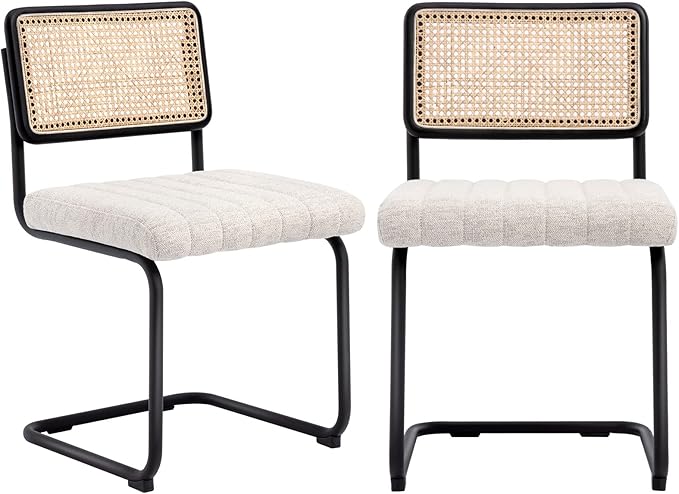 Natural Rattan Dining Chairs Set of 2, Modern Kitchen Chairs with Solid Wood Back, Upholstered Cesca Side Chairs with Comfy Linen Cushion