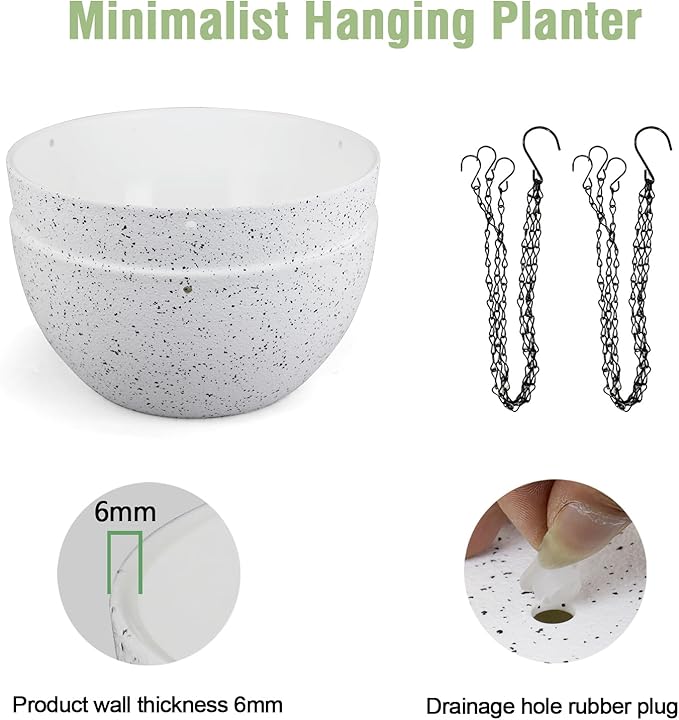 12 inch Large Hanging Planters for Indoor Outdoor Plants, 2 Pack Hanging Flower Pots with Drainage Holes and Chain for Garden Porch, Plastic Hanging Baskets for House Plants, Speckled White