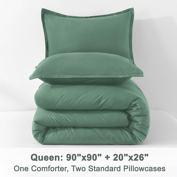 Litanika Comforters Queen Size Haze Green, 3 Pieces Lightweight Solid Bedding Set & Collections, All Season Fluffy Bed Set (90x90 Inches Comforter & 2 Pillowcases)