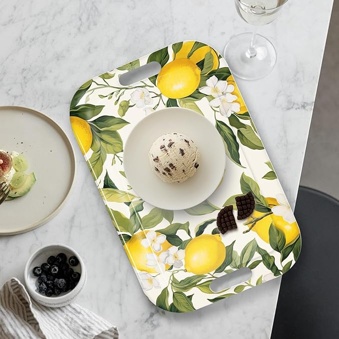 Serving Trays with Handles, 14.5 x 9.8 inch Rectangular Plastic Tray for Restaurant, Kitchen, Lemon and Lemon
