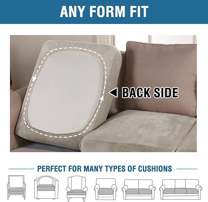H.VERSAILTEX Velvet Stretch Couch Cushion Cover Plush Cushion Slipcover for Chair Loveseat Sofa Cushion Furniture Protector Seat Cushion Sofa Cover (3 Piece Sofa Cushion Covers, Oatmeal)