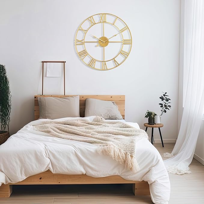Large Wall Clock - 40cm/ 16 Inches Silent Non-Ticking, Battery Operated, Gold Vintage Decorative Modern Metal Wall Clocks for Living Room, Bedroom, Office, Farmhouse Decor