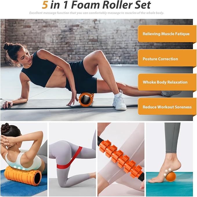 5 in 1 Foam Roller Set for Deep Tissue Muscle Massage, Trigger Point Fitness Exercise Foam Roller, Massage Roller, Massage Ball, Stretching Strap, for Whole Body (Orange-New)