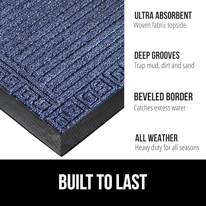 GORILLA GRIP 100% Waterproof All-Season WeatherMax Doormat, 47x35, US Designed Natural Rubber, Stain and Fade Resistant, Low Profile Indoor Outdoor Door Mats, Easy Clean Patio Mat, Navy Greek Keys