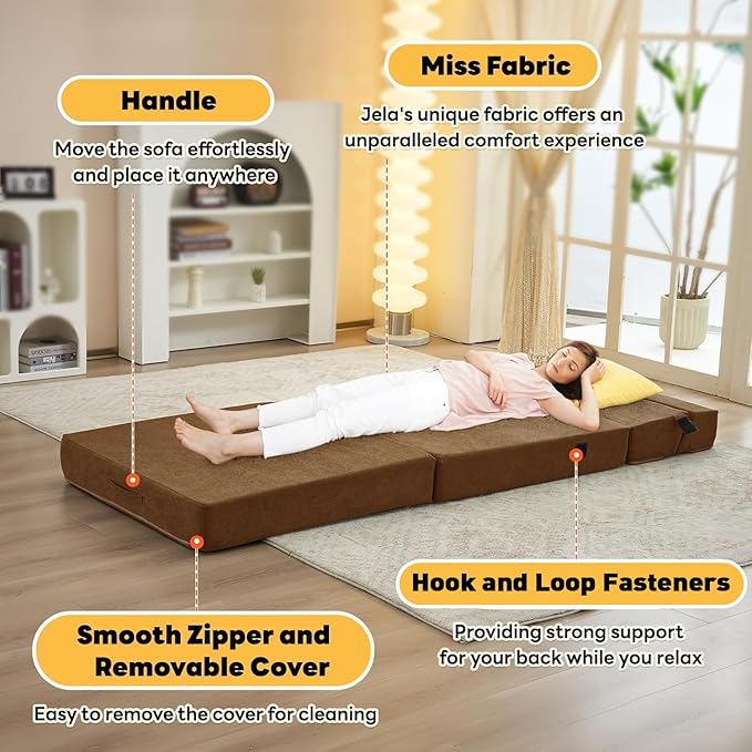 jela Foldable Sofa Bed Large Soft Foam Convertible Sleeper Chair Luxury Miss Fabric Fold Out Chair Bed Floor Couch with Back Support Floor Sofa for Living Room Bedroom (83"x33",Coffee Brown)