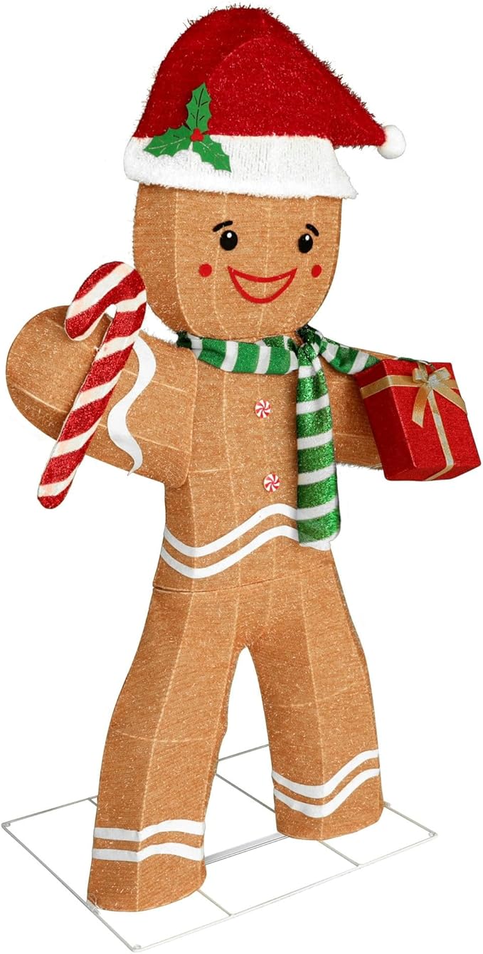 5FT Gingerbread Man with Candy Cane and Gift Box Decoration, 2.5D Pre-Lit Gingerbread Man Decor with 120 LED Lights for Christmas, Freestanding Glittered Holiday Display for Outdoor, Indoor