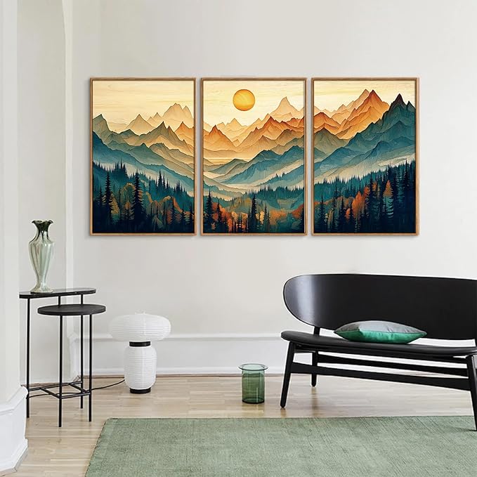 Tinonedraw Large Mountain Framed Canvas Wall Art Set of 3, Boho Nature Forest Wall Decor, Neutral Wooden Pine Trees Artwork, Sunrise Ridge Landscape Art Printing for Living Room Bedroom Office 16"x24"