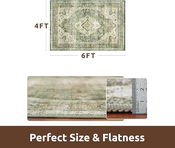 AMOAMI-4X6 Area Rugs for Living Room -Soft Vintage Bedroom Rugs-Non Slip Washable Rug-Throw for Living Room Bedroom Bedside Dining Room Office Green