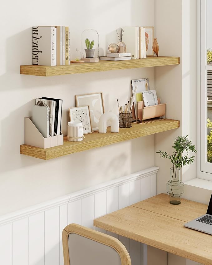 Marsmiles 24" Floating Shelves for Wall, Wooden Shelves with Invisible Brackets Set of 2, Rustic Farmhouse Wall Mounted Shelf for Kitchen Bathroom Living Room Study, Natural Oak